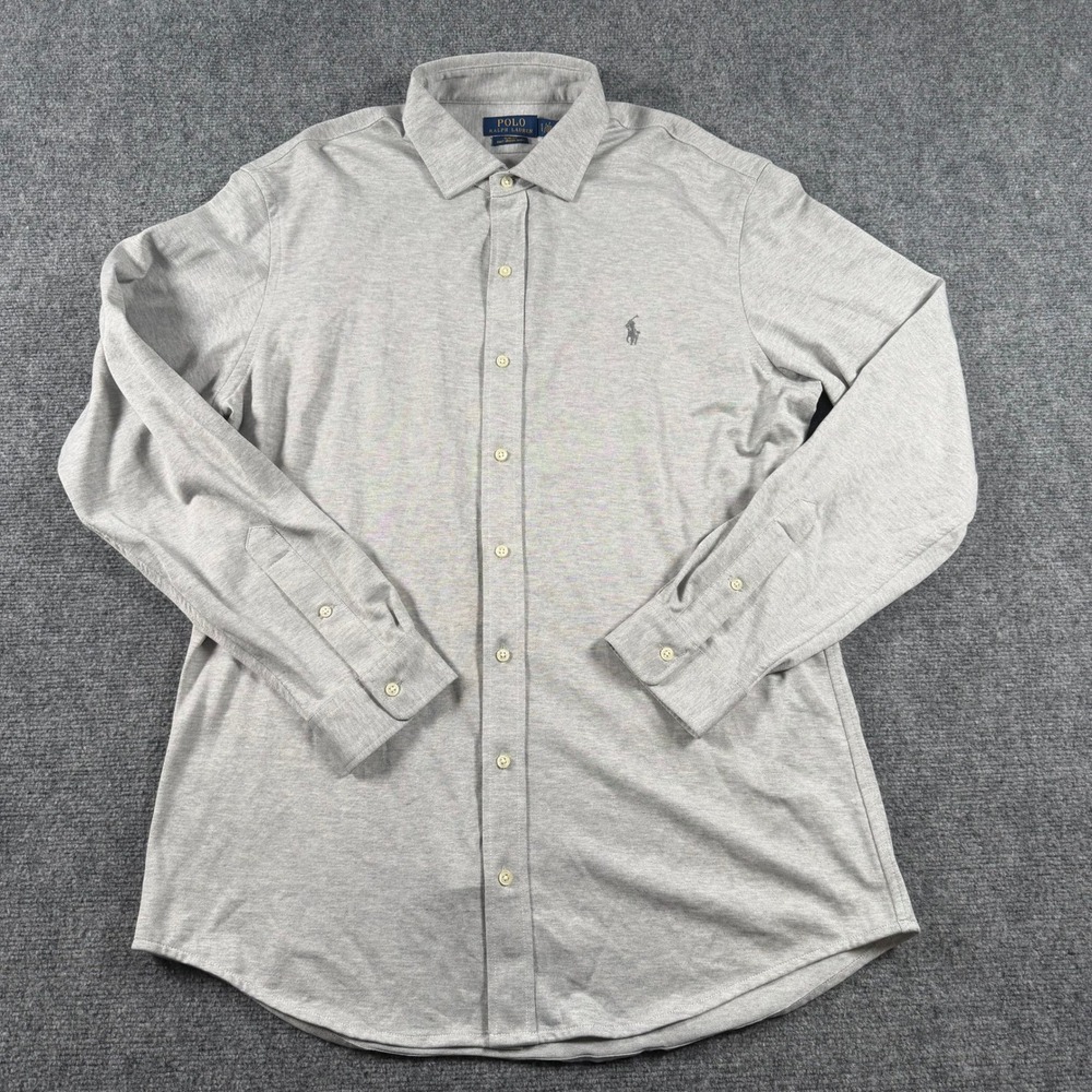 Polo Ralph Lauren Knit Dress Shirt Mens XL Grey Slim Fit Long Sleeve Button Up